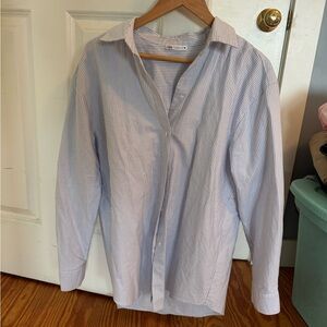 Zara Blue and White Striped Oxford Shirt
